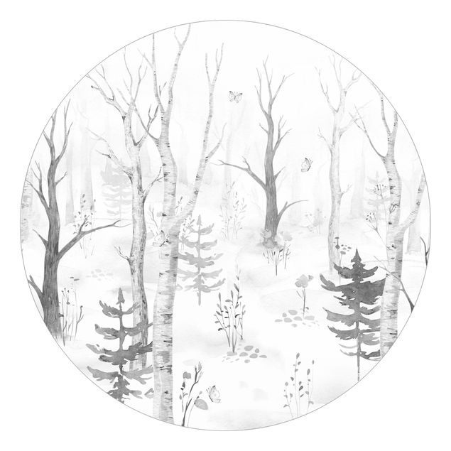 Runde Tapete selbstklebend - Birkenwald mit Mohnblumen Schwarz Weiß
