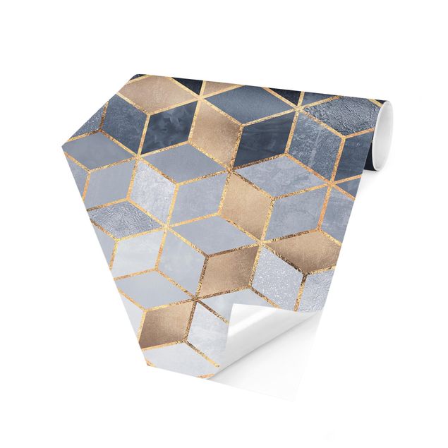 Hexagon Mustertapete selbstklebend - Blau Weiß goldene Geometrie