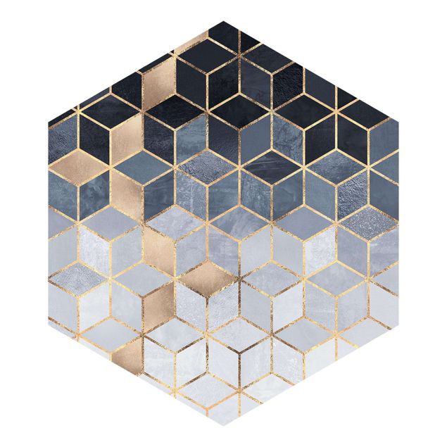 Hexagon Mustertapete selbstklebend - Blau Weiß goldene Geometrie