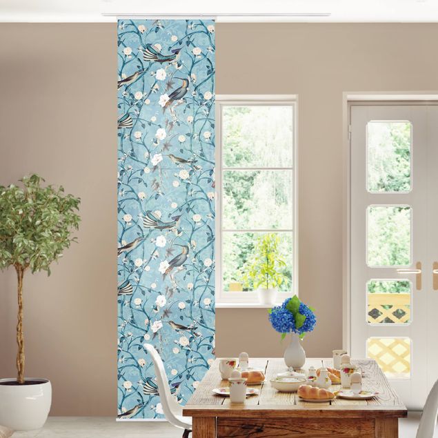 Schiebegardinen Set - Blaue Blumenranken mit Vögeln - Flächenvorhang