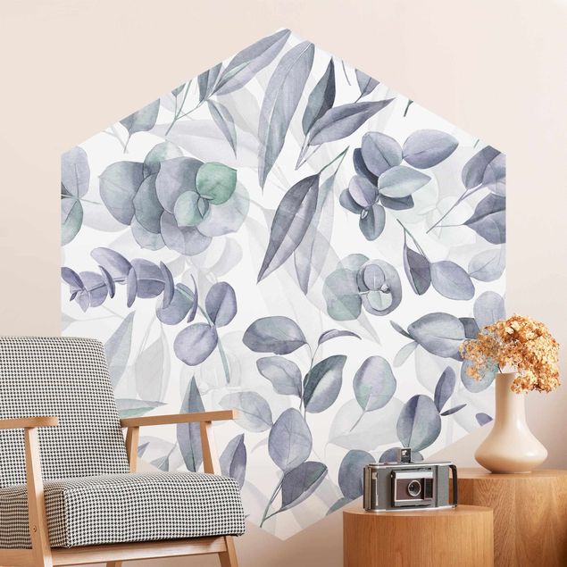 Hexagon Mustertapete selbstklebend - Blaue Eukalyptus Aquarellblätter