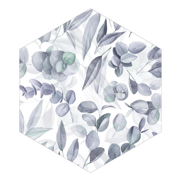 Hexagon Mustertapete selbstklebend - Blaue Eukalyptus Aquarellblätter
