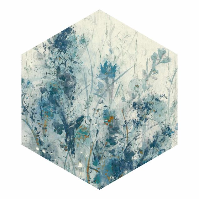 Hexagon Mustertapete selbstklebend - Blaue Frühlingswiese I