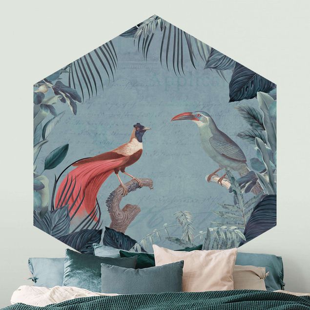 Hexagon Mustertapete selbstklebend - Blaugraues Paradies mit tropischen Vögeln