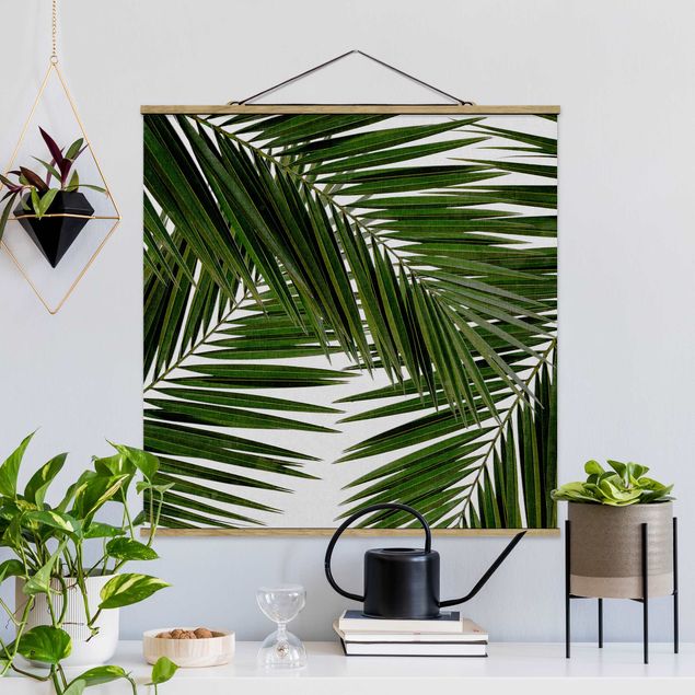 Stoffbild mit Posterleisten - Blick durch grüne Palmenblätter - Quadrat 1:1