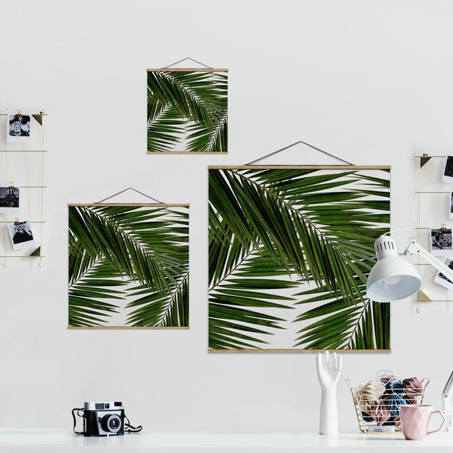 Stoffbild mit Posterleisten - Blick durch grüne Palmenblätter - Quadrat 1:1