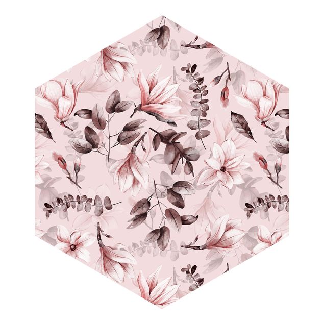 Hexagon Mustertapete selbstklebend - Blüten mit Grauen Blättern vor Rosa