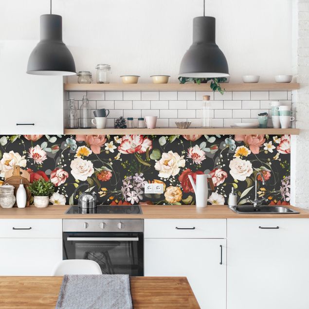 Küchenrückwand - Blumen Aquarell Vintage Muster auf Schwarz