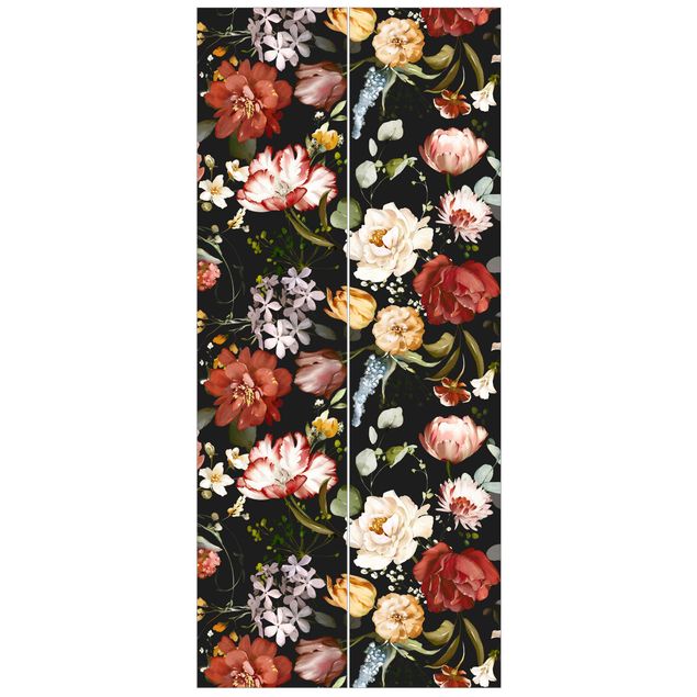 Türtapete - Blumen Aquarell Vintage Muster auf Schwarz