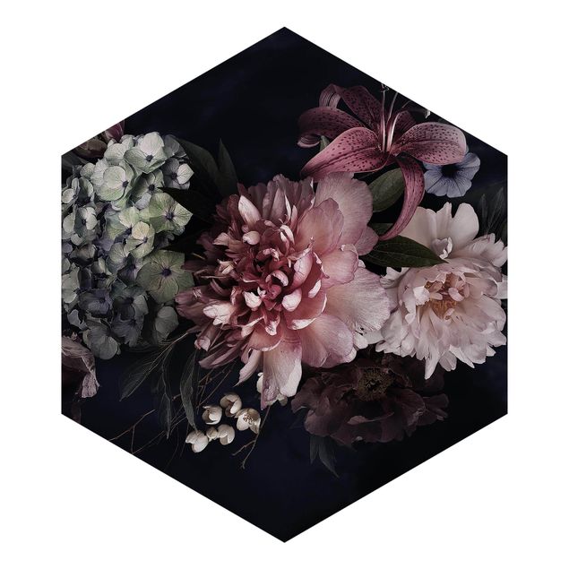 Hexagon Mustertapete selbstklebend - Blumen mit Nebel auf Schwarz