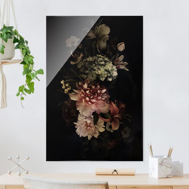 Glas Magnetboard Blumen mit Nebel auf Schwarz