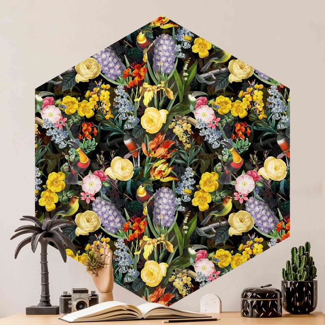 Hexagon Mustertapete selbstklebend - Blumen mit Tropischen Vögeln Bunt