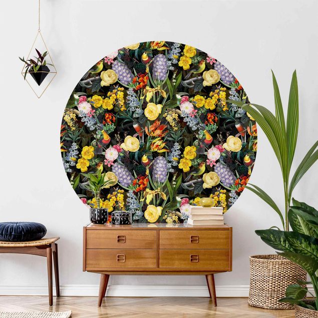 Runde Tapete selbstklebend - Blumen mit Tropischen Vögeln Bunt