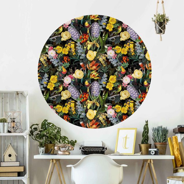 Runde Tapete selbstklebend - Blumen mit Tropischen Vögeln Bunt