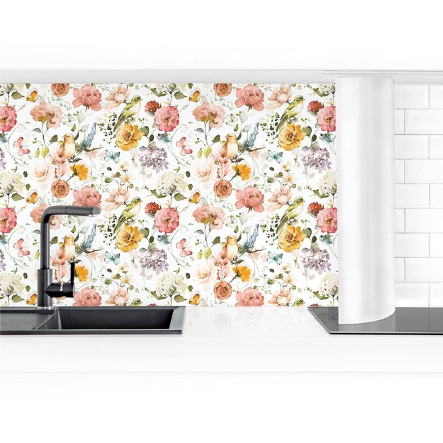Küchenrückwand - Blumen und Vögel Aquarell Muster