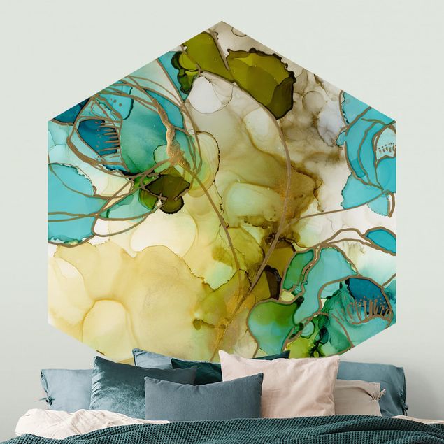 Hexagon Mustertapete selbstklebend - Blumenfacetten in Aquarell