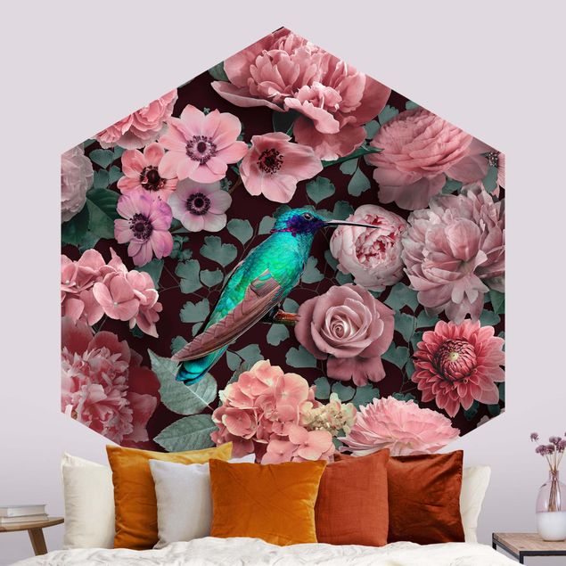 Hexagon Mustertapete selbstklebend - Blumenparadies Kolibri mit Rosen
