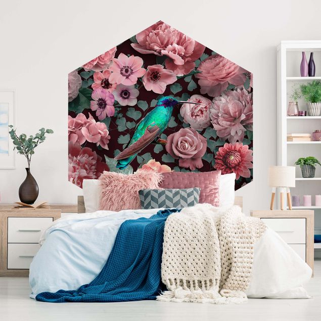Hexagon Mustertapete selbstklebend - Blumenparadies Kolibri mit Rosen