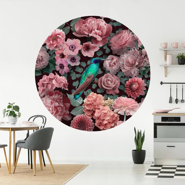 Runde Tapete selbstklebend - Blumenparadies Kolibri mit Rosen