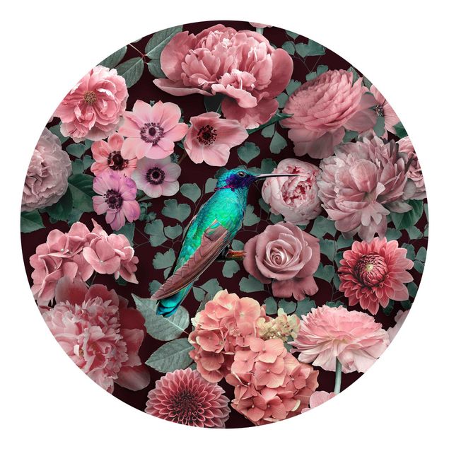 Runde Tapete selbstklebend - Blumenparadies Kolibri mit Rosen