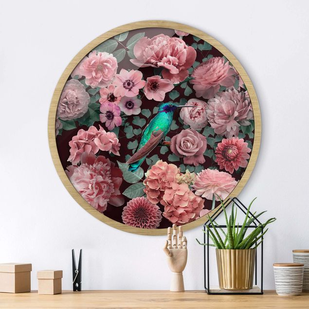Gerahmte Bilder Rund Blumenparadies Kolibri mit Rosen