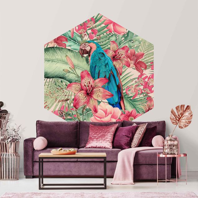 Hexagon Mustertapete selbstklebend - Blumenparadies tropischer Papagei