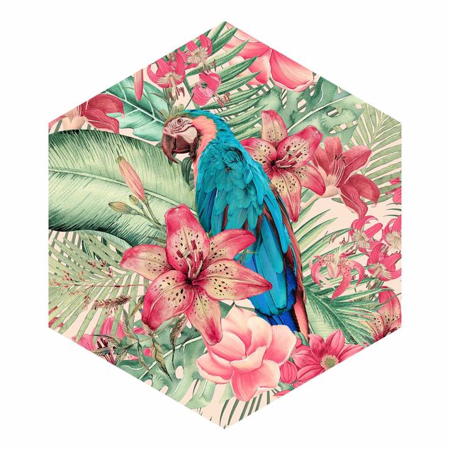 Hexagon Mustertapete selbstklebend - Blumenparadies tropischer Papagei