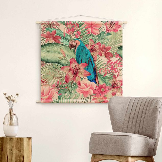 Wandbehang Kunst Blumenparadies tropischer Papagei