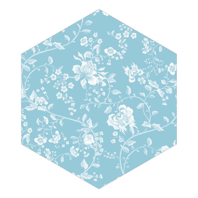 Hexagon Mustertapete selbstklebend - Blumenranken auf Blau