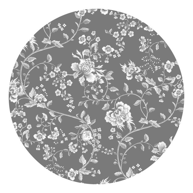 Runde Tapete selbstklebend - Blumenranken auf Grau