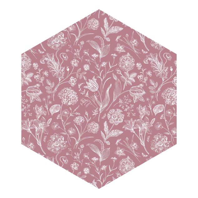 Hexagon Mustertapete selbstklebend - Blumentanz auf Altrosa