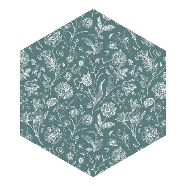 Hexagon Mustertapete selbstklebend - Blumentanz auf Blaugrau