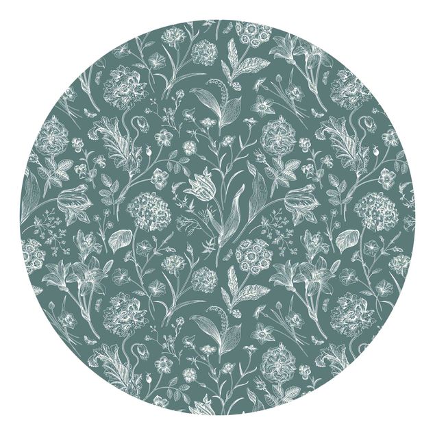 Runde Tapete selbstklebend - Blumentanz auf Blaugrau