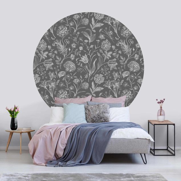 Runde Tapete selbstklebend - Blumentanz auf Grau