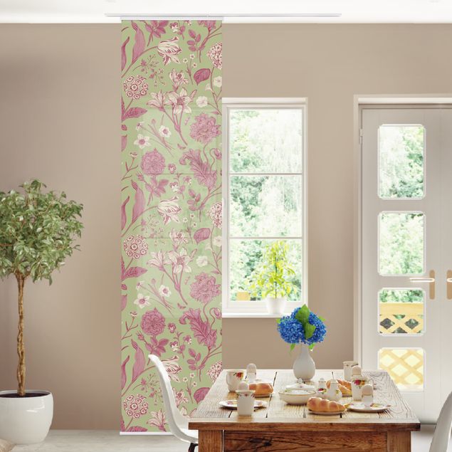 Schiebegardinen Set - Blumentanz in Mint-Grün und Rosa Pastell - Flächenvorhang