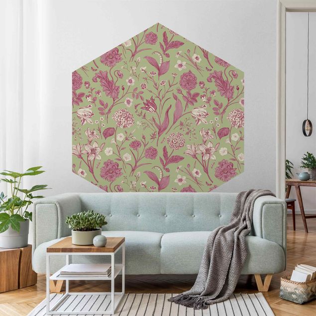 Hexagon Mustertapete selbstklebend - Blumentanz in Mint-Grün und Rosa Pastell