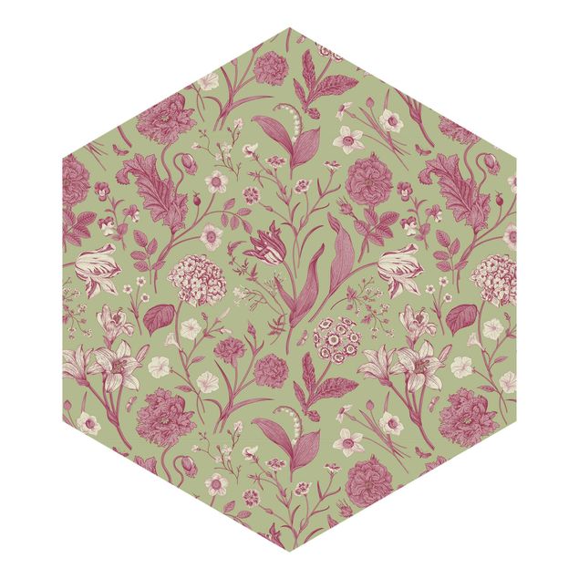 Hexagon Mustertapete selbstklebend - Blumentanz in Mint-Grün und Rosa Pastell