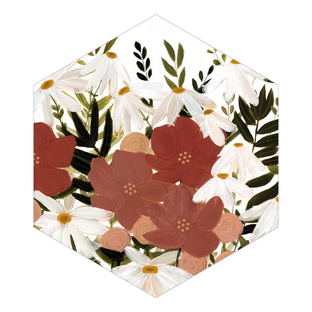 Hexagon Mustertapete selbstklebend - Blumenvielfalt in Rosa und Weiß II