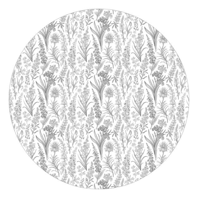 Runde Tapete selbstklebend - Blumenwellen in Grau