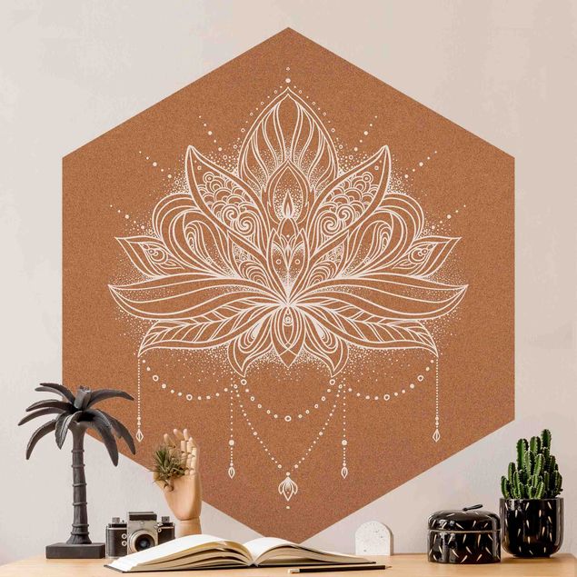 Hexagon Mustertapete selbstklebend - Boho Lotusblüte weiß Korkoptik