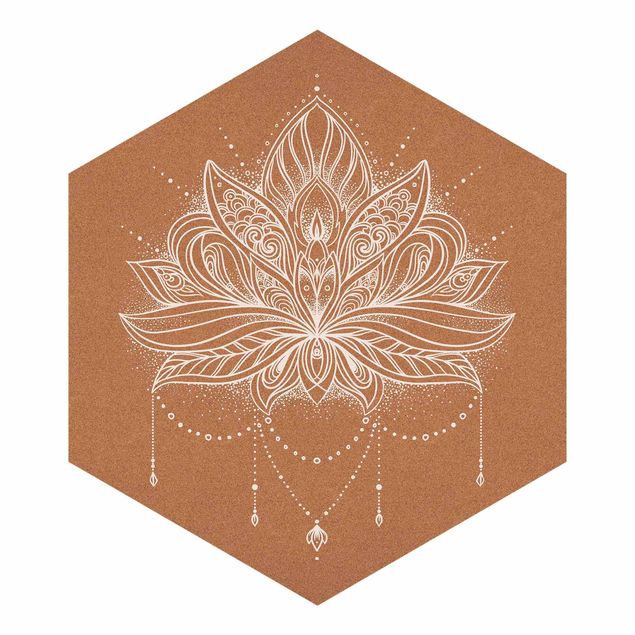 Hexagon Mustertapete selbstklebend - Boho Lotusblüte weiß Korkoptik
