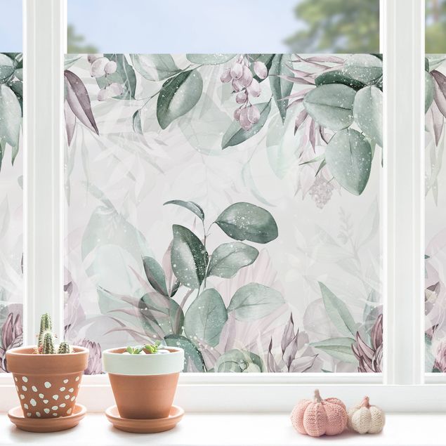 Fensterfolie - Sichtschutz - Botanik in Pastell Grün & Rosa - Fensterbilder