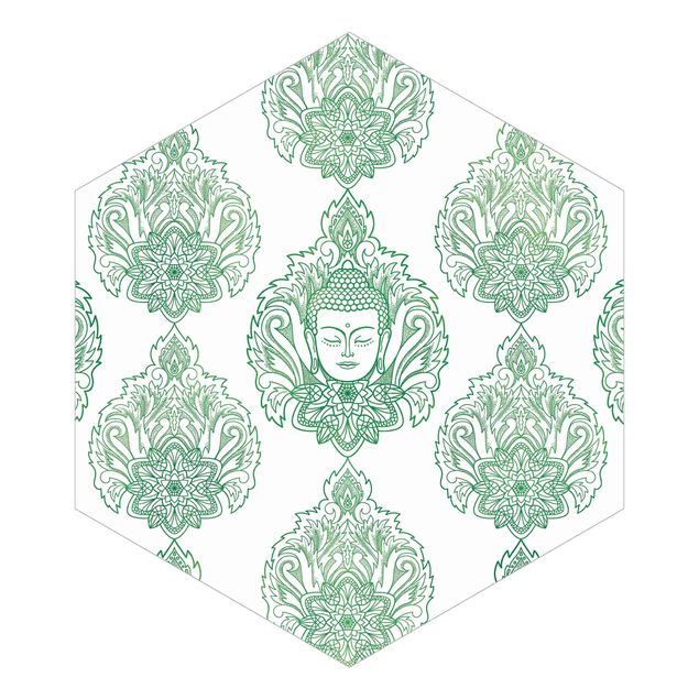 Hexagon Mustertapete selbstklebend - Buddha und Lotus