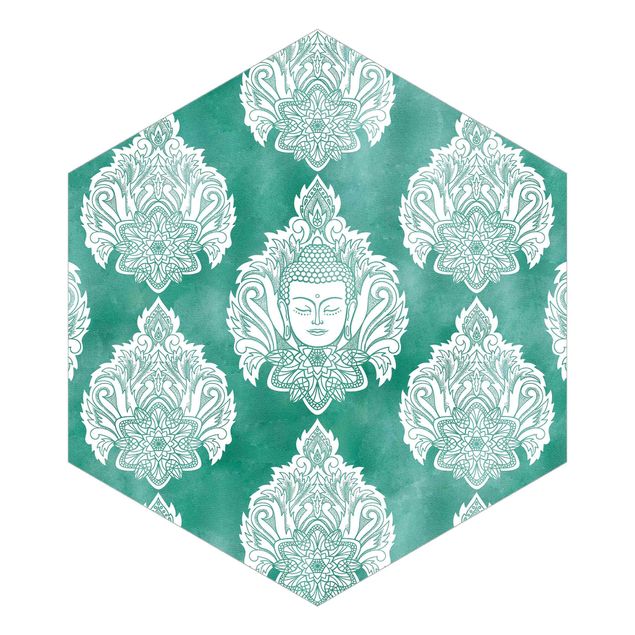 Hexagon Mustertapete selbstklebend - Buddha und Lotus Smaragdmuster