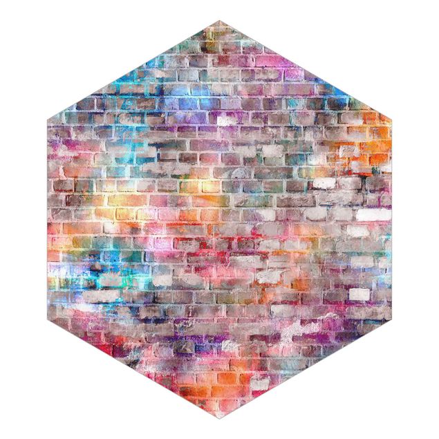 Hexagon Mustertapete selbstklebend - Bunte Shabby Backsteinwand