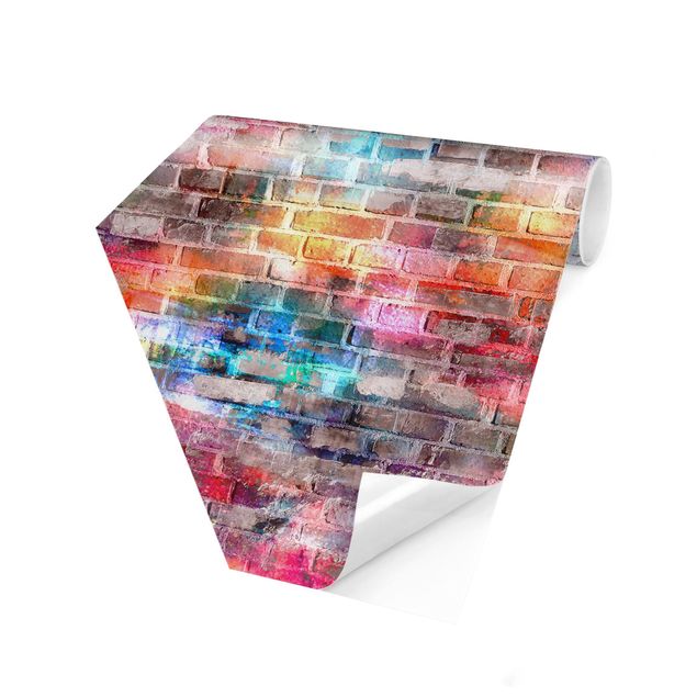 Hexagon Mustertapete selbstklebend - Bunte Shabby Backsteinwand