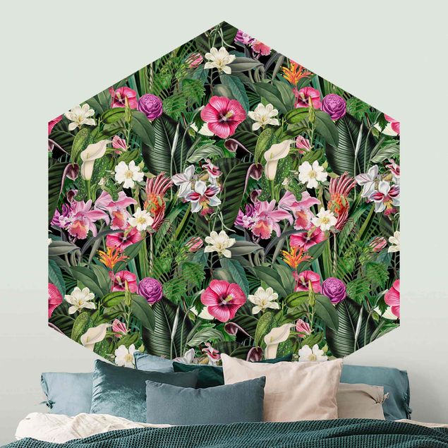 Hexagon Mustertapete selbstklebend - Bunte tropische Blumen Collage