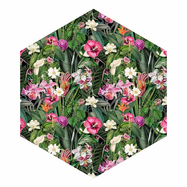 Hexagon Mustertapete selbstklebend - Bunte tropische Blumen Collage