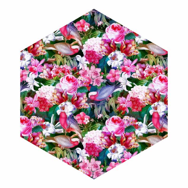 Hexagon Mustertapete selbstklebend - Bunte Tropische Blumen mit Vögeln Pink