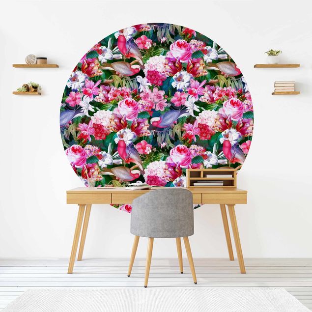 Runde Tapete selbstklebend - Bunte Tropische Blumen mit Vögeln Pink